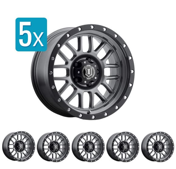 (Set of 5 Wheels) Icon Dynamics Alpha Series Wheel, 17x8.5 with 5 on 5 Bolt Pattern - Gun Metal - Jeep Wrangler JK/JL/Gladiator JT